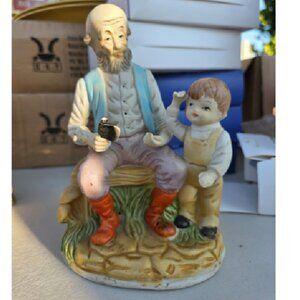 Vintage MIC Grandfather And Grandson Carving Wooden Pony Porcelain Figurine